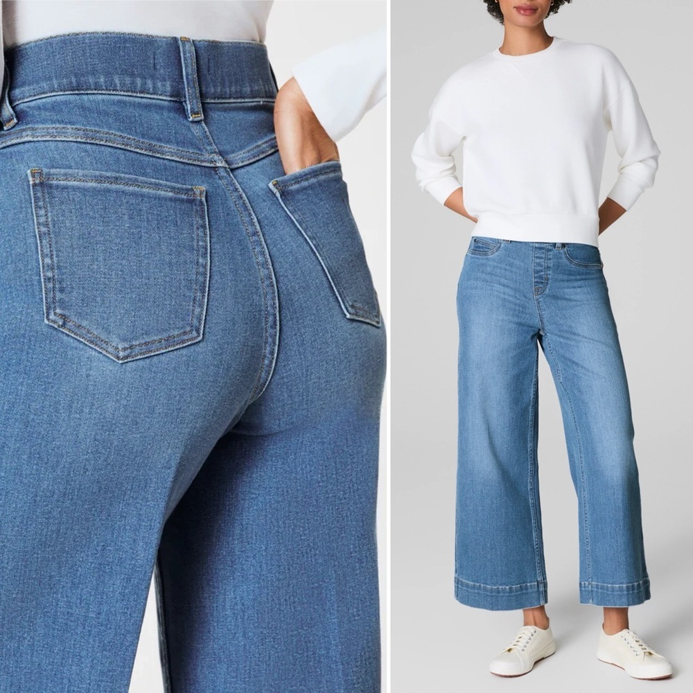 SPANX Crop Wide Leg Jeans XL Med Blue Denim Pull On Stretch Classic Casual NWT
